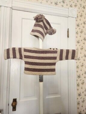 100% American Cashmere Grape Striped Baby Sweater + Square Pom Pom Hat Sz 3-6 Mo